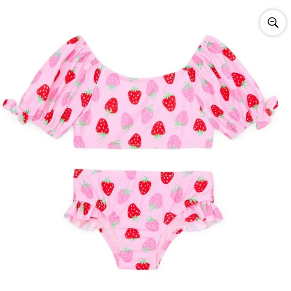 Pink Strawberry Toddler Girls Bikini Swimsuit w/ Puff Sleeves, 2-Piece, Size 3T